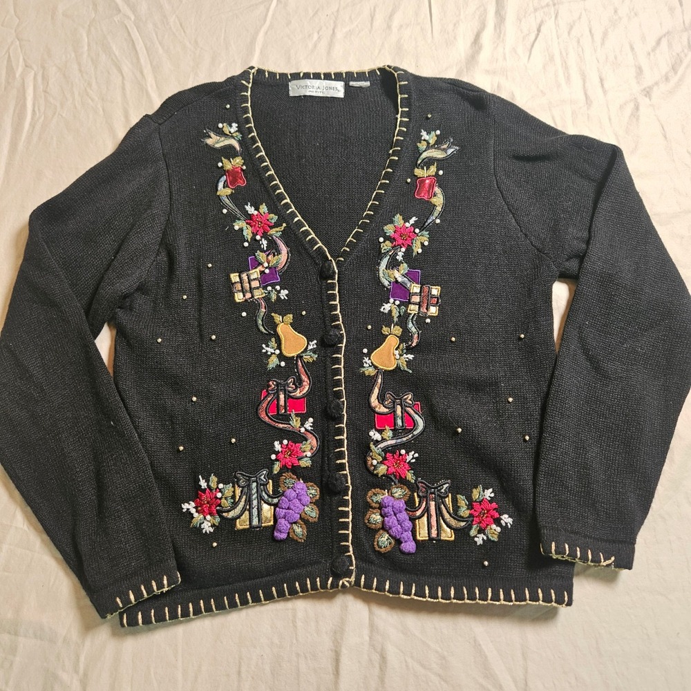 Victoria Jones Petite Black Embroidered Holiday Cardigan Metallic Gold Trim M